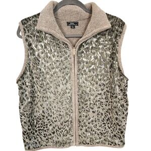 Lisa Intl Sweater Vest Womens L Leopard Print Knit Full Zip Fall Festival Preppy